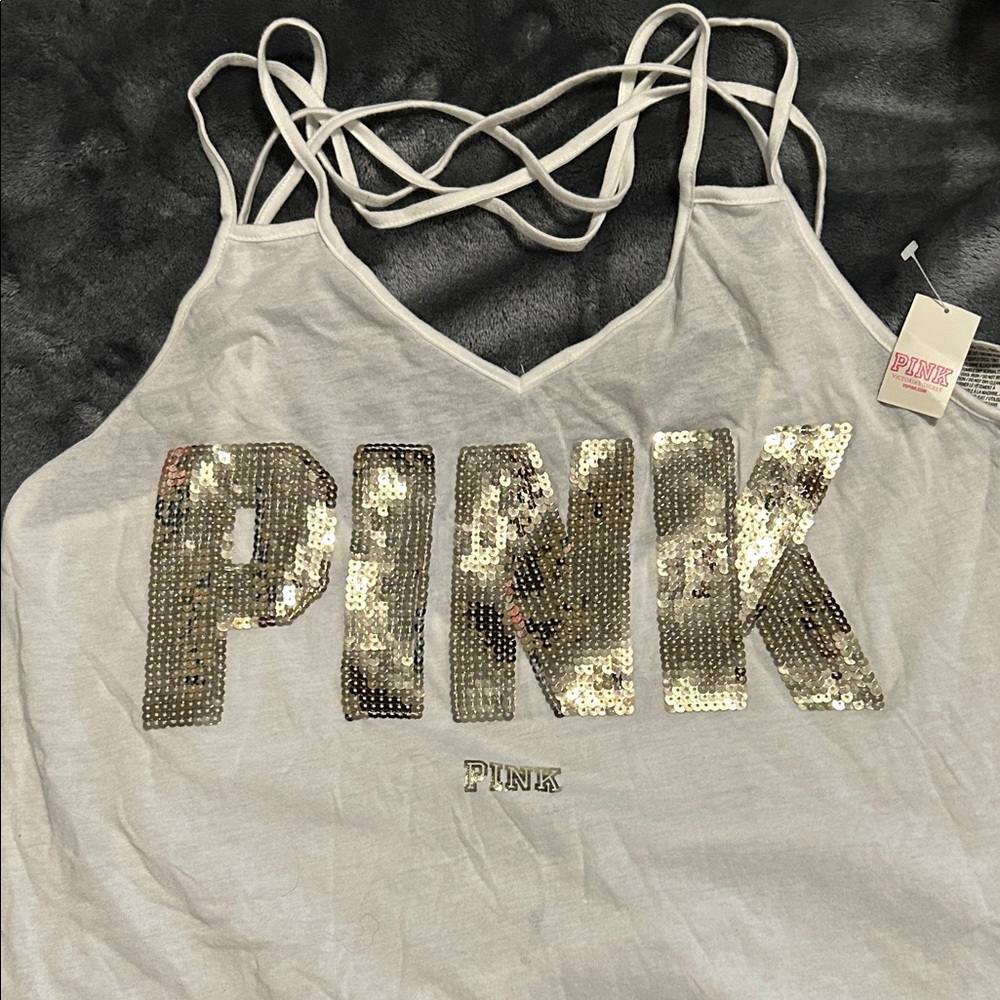 PINK Victoria's Secret Cream Tank Top with Gold Sequin Logo